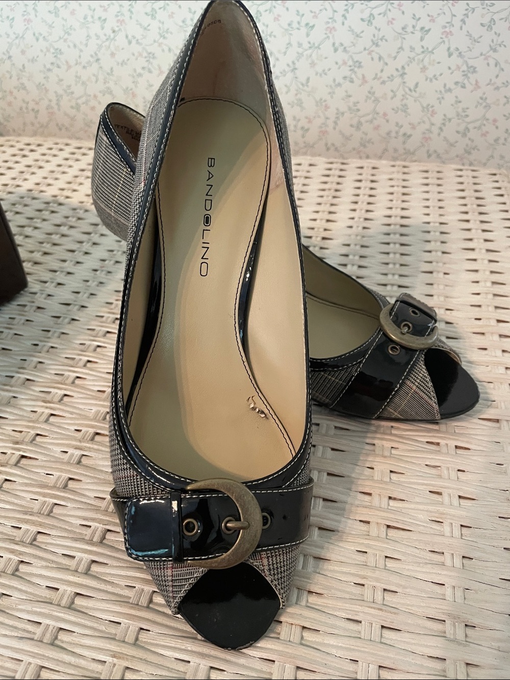 Bandolino Black and Gray Plaid Peep-Toe Heels with Buckle Detail